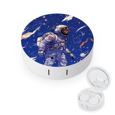 FekiLoot Black Astronaut on Blue Contact Lens Case Portable Travel Outdoor Contact Lens Cases Circle Leakproof Makeup Storage Box with Mirror for Home Office Dormitory
