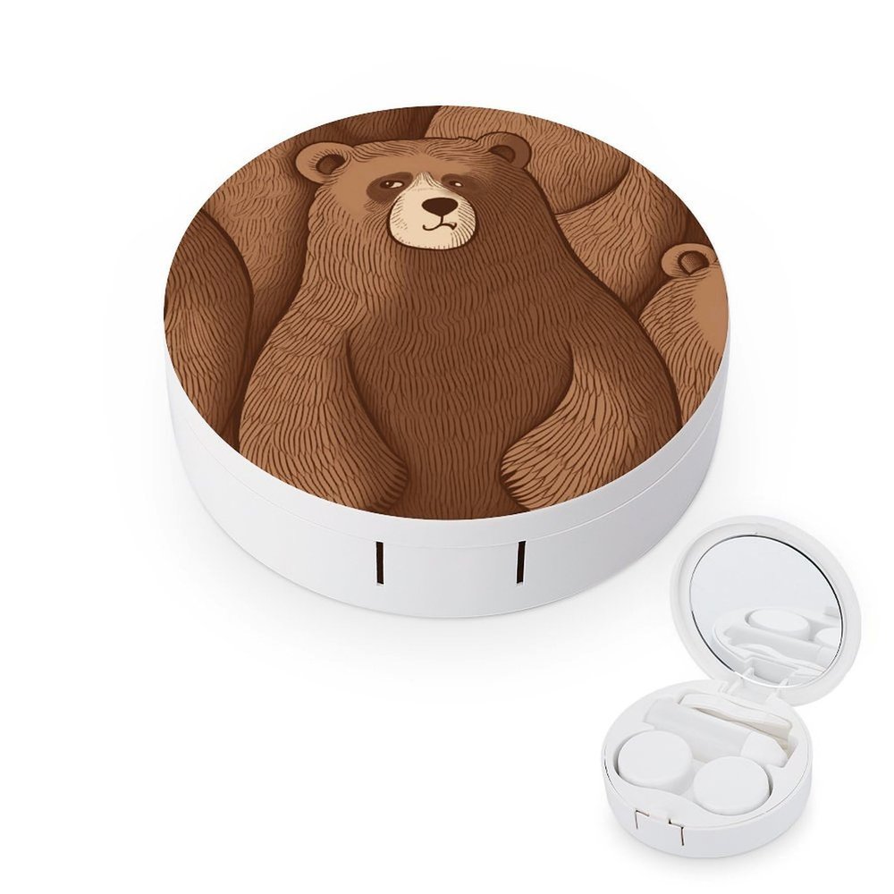 FekiLoot Brown Bear Contact Lens Case Portable Travel Outdoor Contact Lens Cases Circle Leakproof Makeup Storage Box with Mirror for Home Office Dormitory