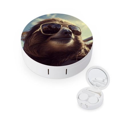 FekiLoot Sloth with Sunglasses Contact Lens Case Portable Travel Outdoor Contact Lens Cases Circle Leakproof Makeup Storage Box with Mirror for Home Office Dormitory