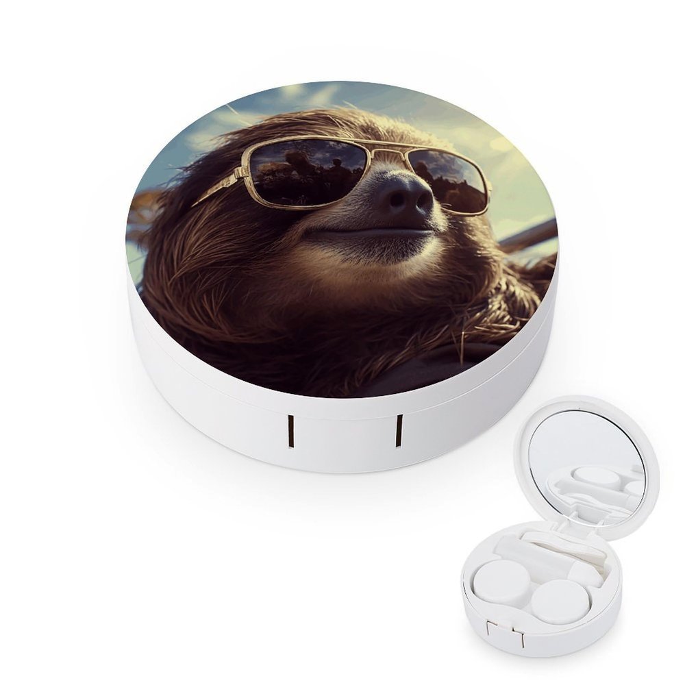 FekiLoot Sloth with Sunglasses Contact Lens Case Portable Travel Outdoor Contact Lens Cases Circle Leakproof Makeup Storage Box with Mirror for Home Office Dormitory