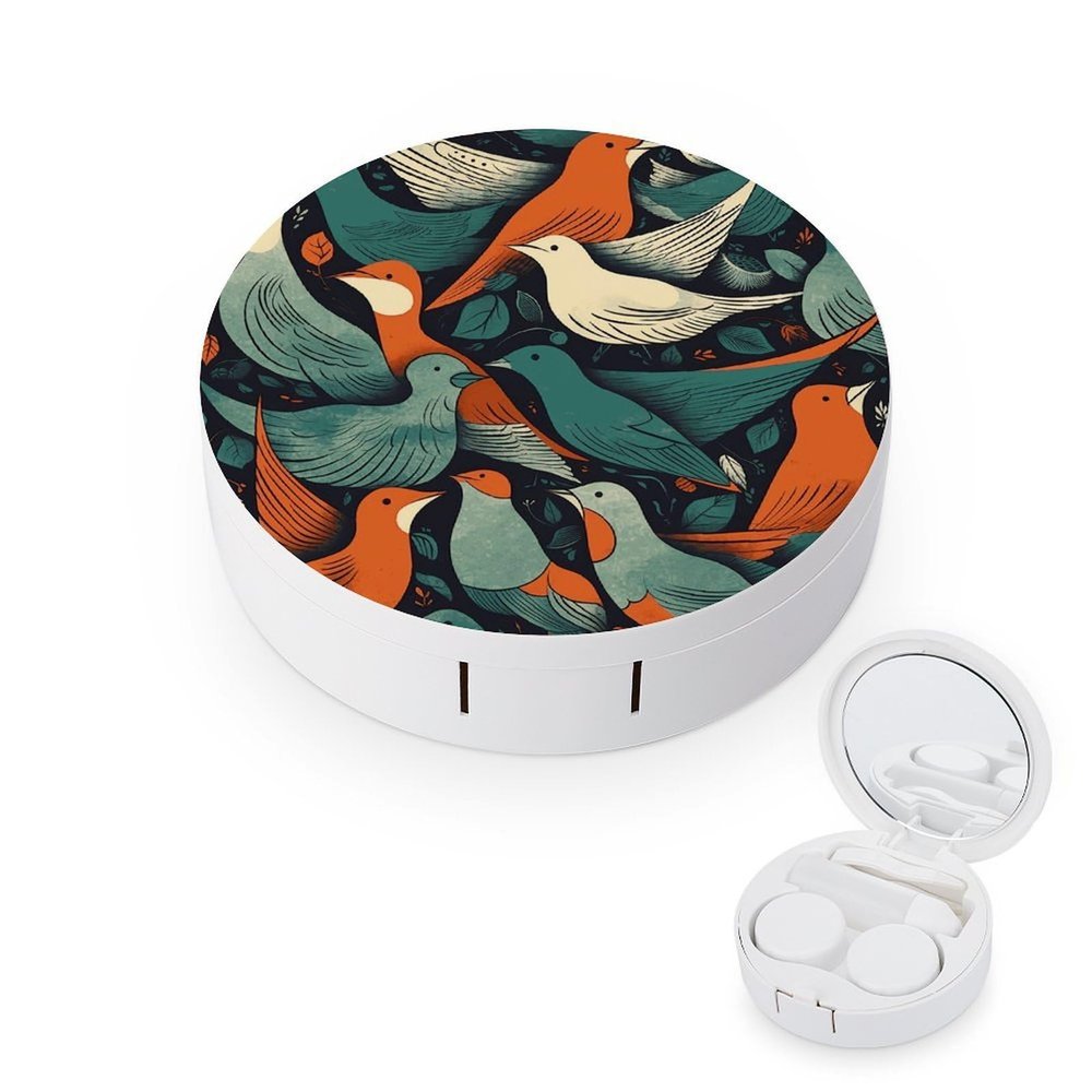 FekiLoot Flock of Birds Contact Lens Case Portable Travel Outdoor Contact Lens Cases Circle Leakproof Makeup Storage Box with Mirror for Home Office Dormitory