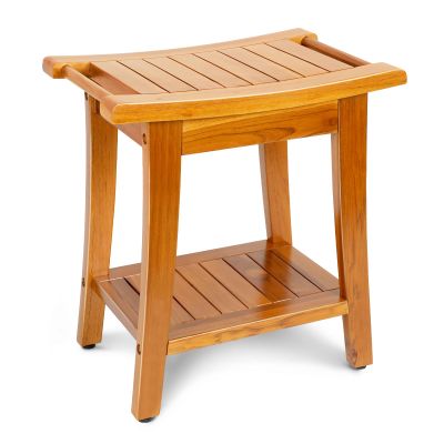 16" Compact Teak Shower Bench with Shelf & Handle, Solid Premium Teak Shower Stool, Durable Waterproof Seat for Inside Shower, Teak Wood Bench for Bathroom, Indoor & Outdoor Use
