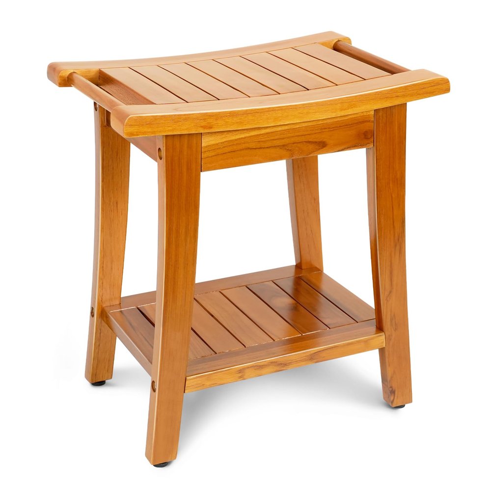 16" Compact Teak Shower Bench with Shelf & Handle, Solid Premium Teak Shower Stool, Durable Waterproof Seat for Inside Shower, Teak Wood Bench for Bathroom, Indoor & Outdoor Use