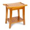 16" Compact Teak Shower Bench with Shelf & Handle, Solid Premium Teak Shower Stool, Durable Waterproof Seat for Inside Shower, Teak Wood Bench for Bathroom, Indoor & Outdoor Use view 1