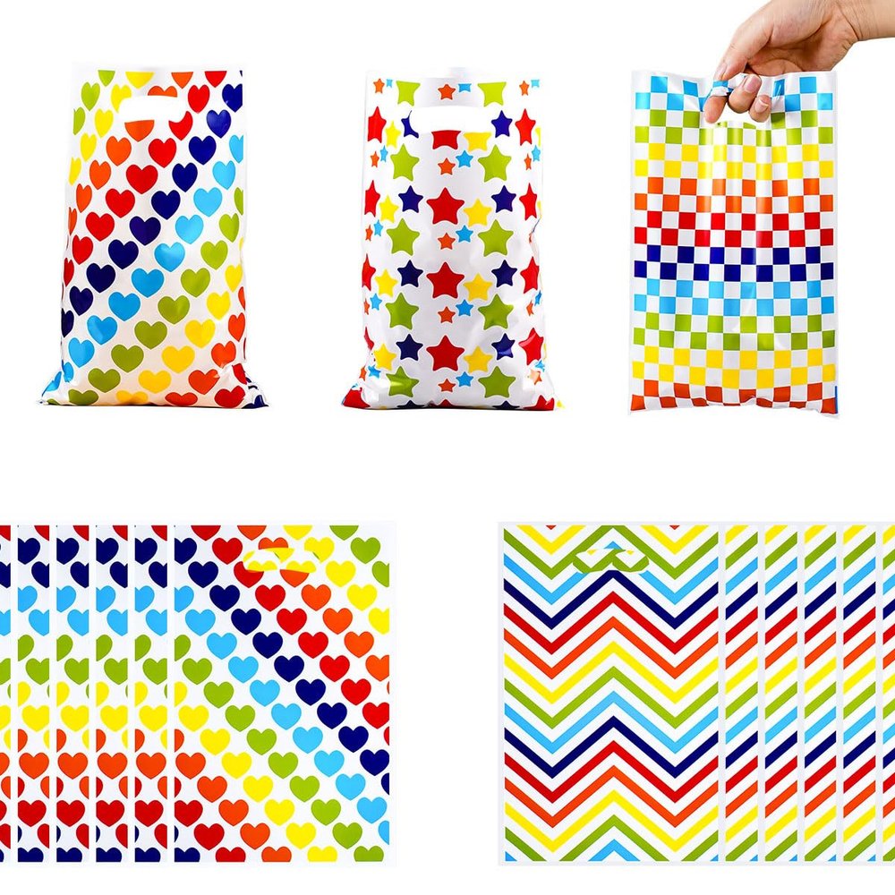 CSTYWC 30PCS Rainbow Treat Bags Love Star Printed Plastic Gift Goodie Candy Treat Bags with Ties for Summer Birthday Party Favor Supplies