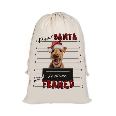 JaeTou Dog Christmas Gifts Bag Lakeland Terrier Dog Decor Personalized Name Santa Sack Dear Santa I Was Framed Xmas Bag Drawstring, 19.5x31.5 Inches
