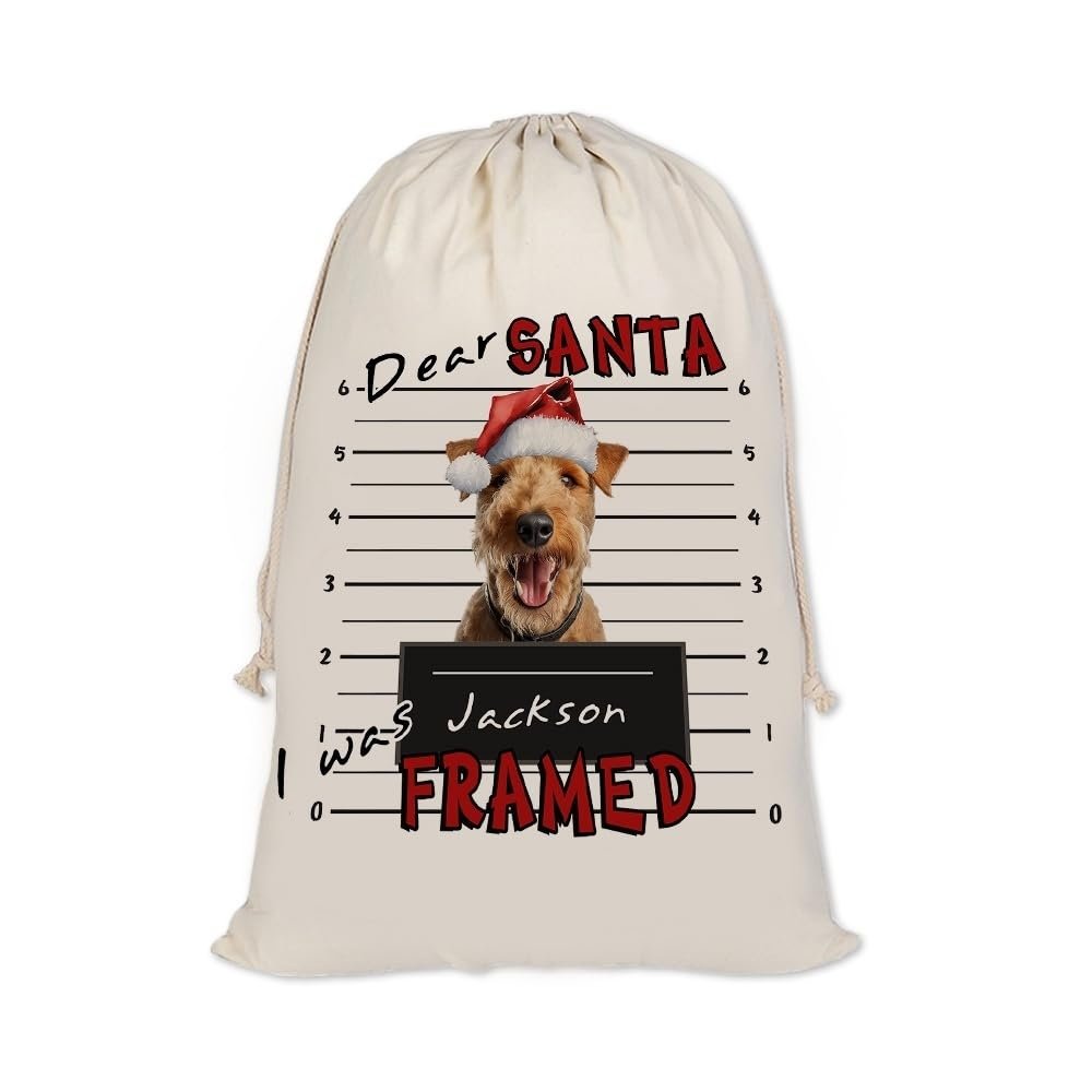 JaeTou Dog Christmas Gifts Bag Lakeland Terrier Dog Decor Personalized Name Santa Sack Dear Santa I Was Framed Xmas Bag Drawstring, 19.5x31.5 Inches