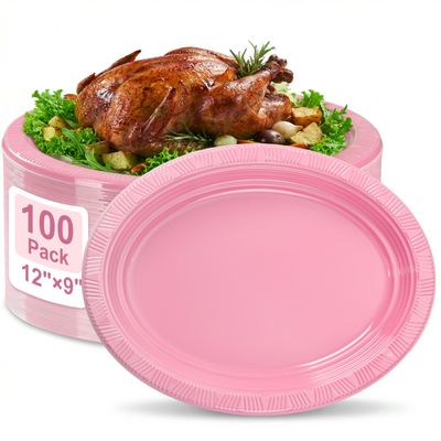 100pcs Pink 12 Inch Oval Plastic Plates, Disposable Sturdy Oval Serving Platters, Large Plastic Oval Dinner Plates for Baby Shower, Wedding, Bridal Shower, Birthday Party, Girl Party & Picnic