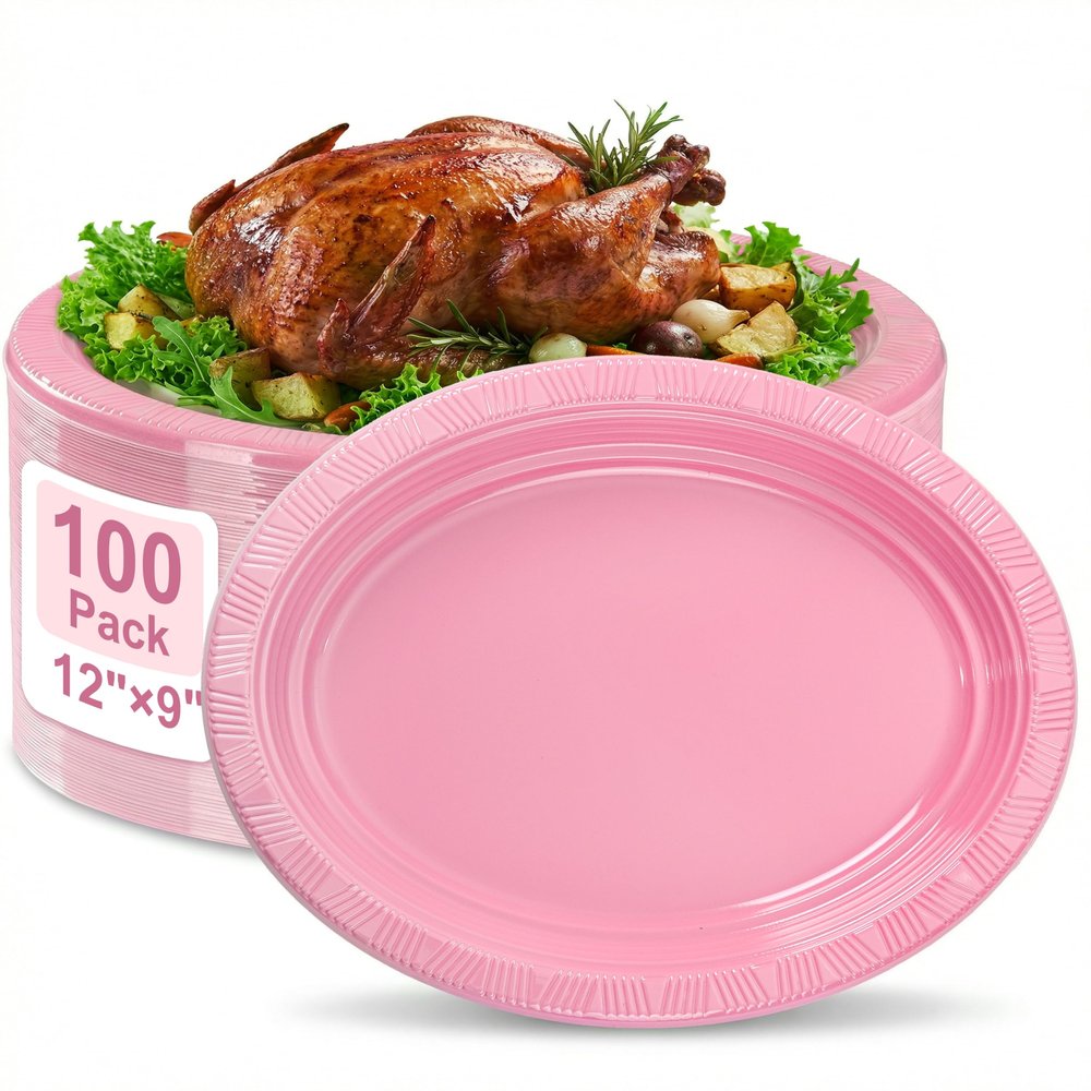 100pcs Pink 12 Inch Oval Plastic Plates, Disposable Sturdy Oval Serving Platters, Large Plastic Oval Dinner Plates for Baby Shower, Wedding, Bridal Shower, Birthday Party, Girl Party & Picnic
