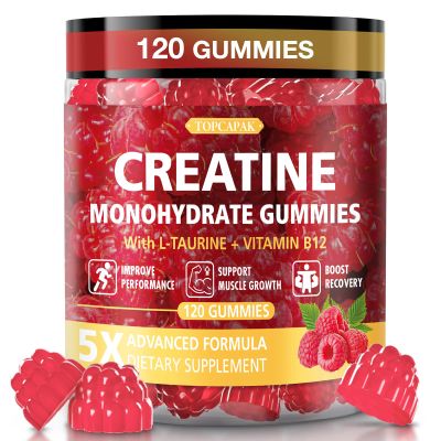 TOPCAPAK Creatine Gummies for Men & Women - Chewable Creatine Gummy with Taurine & Vitamin B12, 5g Creatine Monohydrate per Serving, 120 Gummies - Raspberry Flavor, Raspberry-Shaped