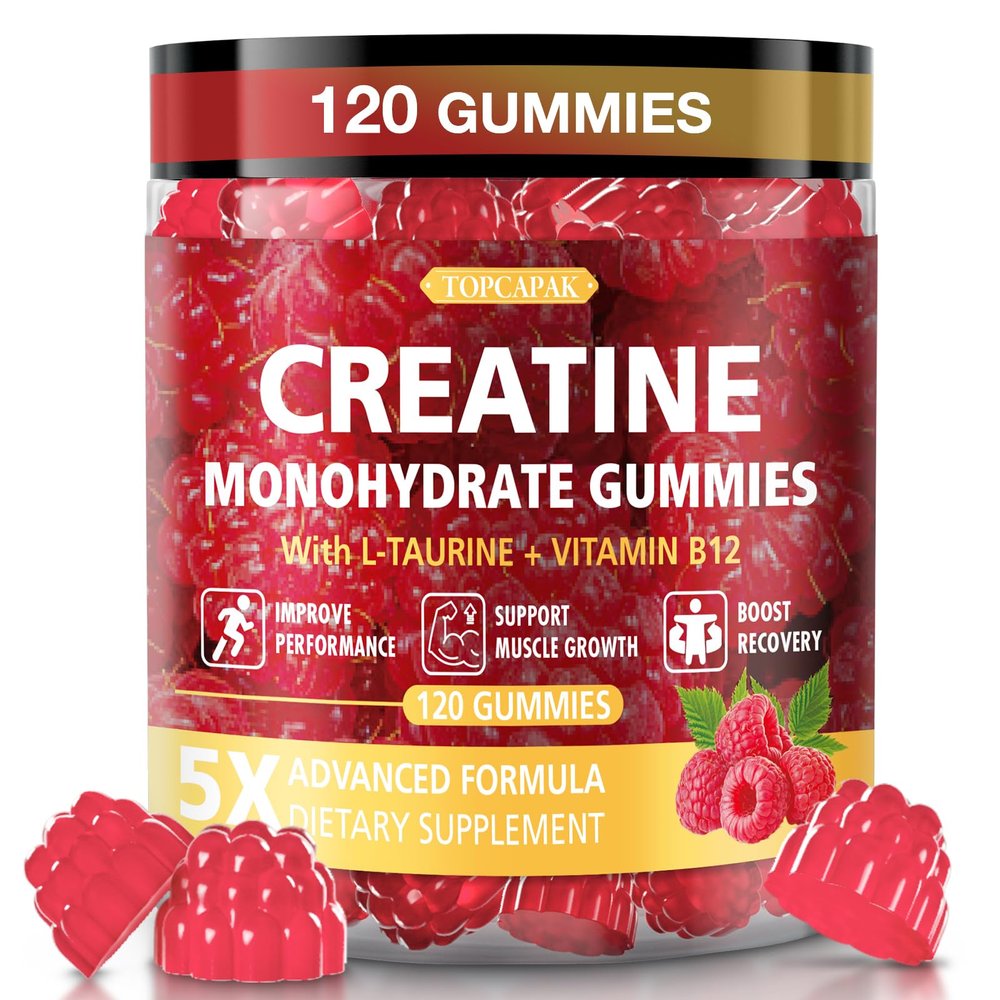 TOPCAPAK Creatine Gummies for Men & Women - Chewable Creatine Gummy with Taurine & Vitamin B12, 5g Creatine Monohydrate per Serving, 120 Gummies - Raspberry Flavor, Raspberry-Shaped