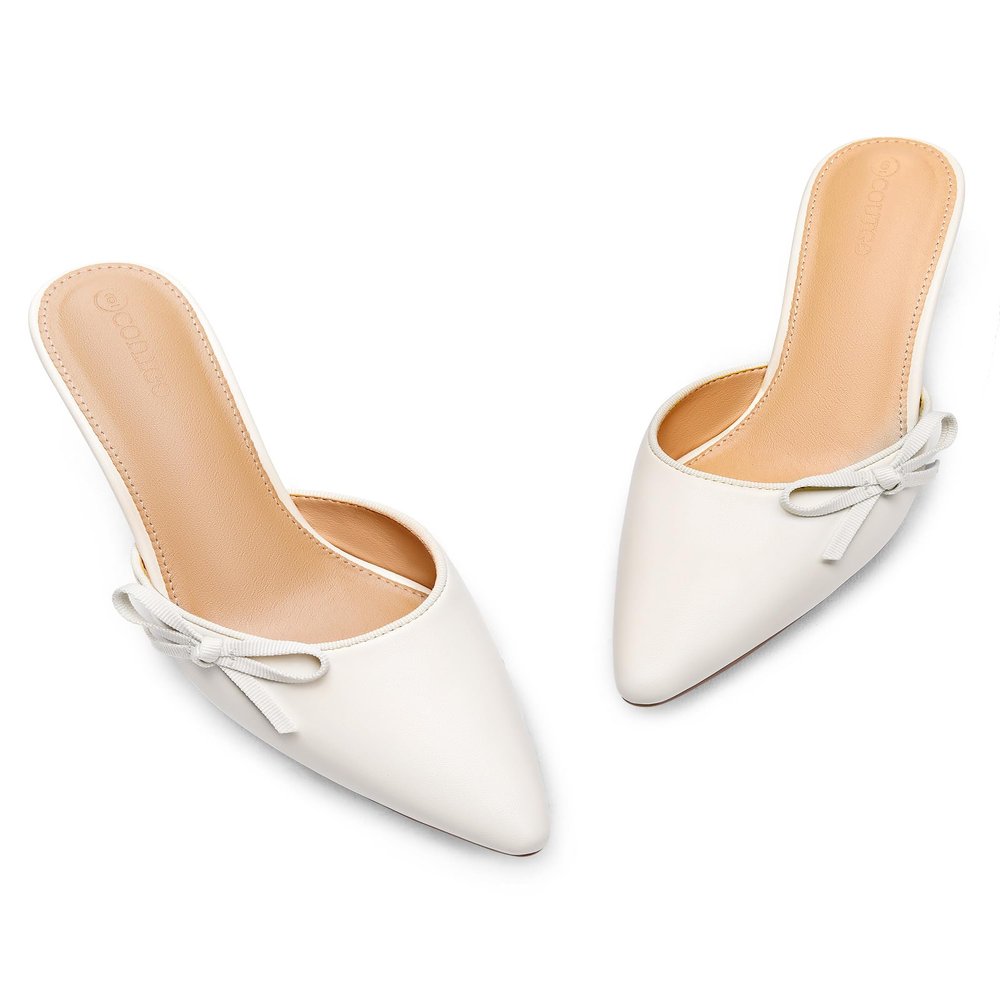 Coutgo Womens Kitten Heels Bow Tie Mules Two Tone Closed Pointed Toe Slip On Backless Wedding Dress Shoes Pumps, Off White, Size 6