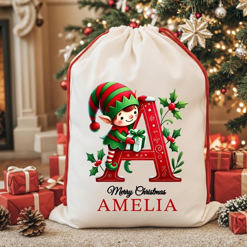 Noni Personalized Santa Sacks, Monogrammed Initial Santa Bags, Personalised Christmas Sack, Custom Name Christmas Sacks Bags for Kids Style 2