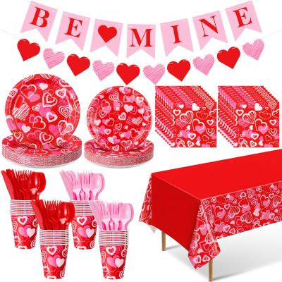Ziliny 171 Pcs Valentine's Day Party Decorations Serve 24 Red Pink Hearts Paper Plates Napkins Cups Banner Tablecloth Cutlery Valentine Day Anniversary Wedding Baby Shower Party Supplies