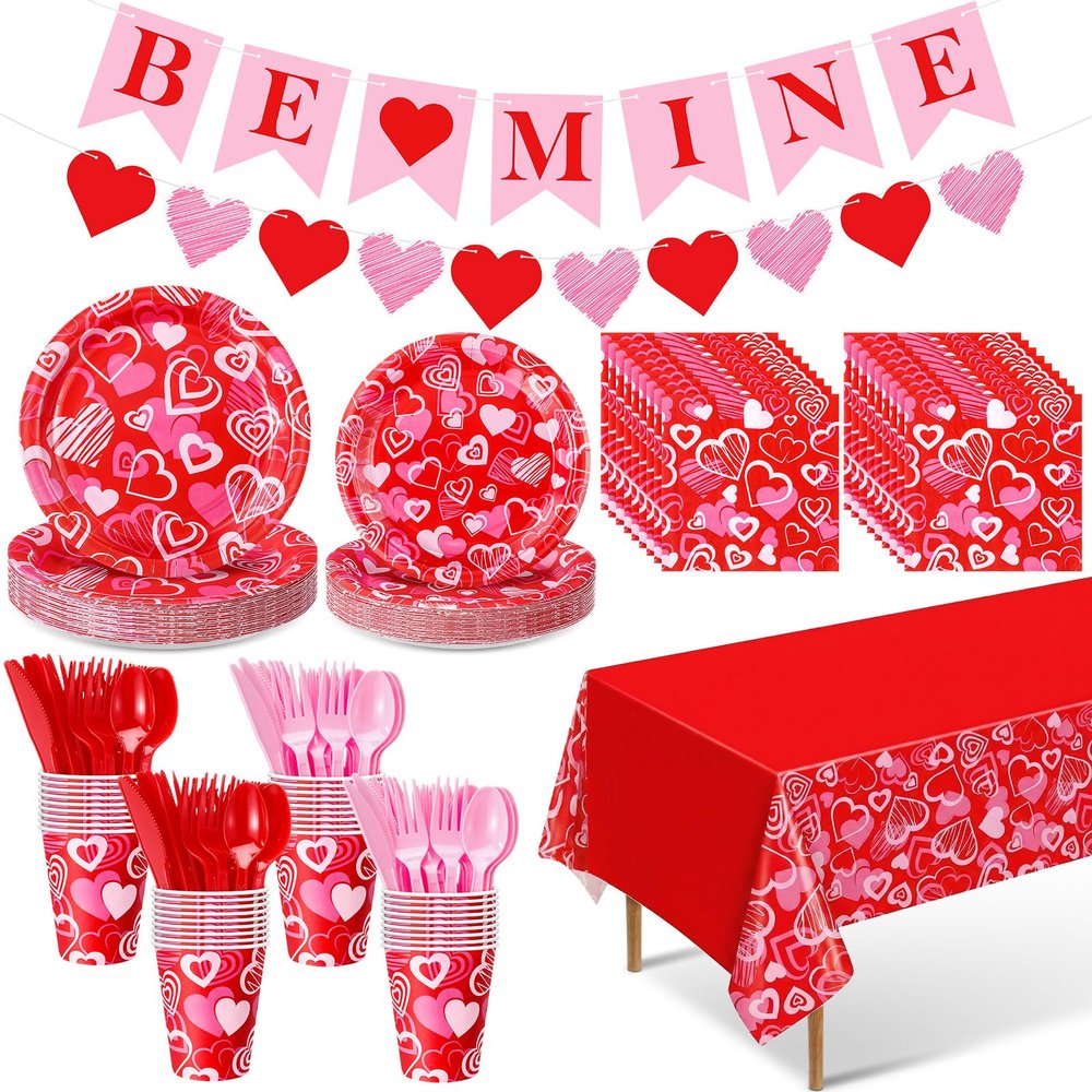 Ziliny 171 Pcs Valentine's Day Party Decorations Serve 24 Red Pink Hearts Paper Plates Napkins Cups Banner Tablecloth Cutlery Valentine Day Anniversary Wedding Baby Shower Party Supplies