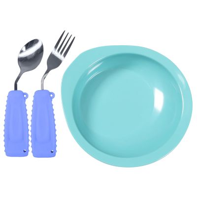 Ehucon Adaptive Utensils and Bowl (AQUA and Purple-Left, Adaptive Utensils Set-Left and Bowl)