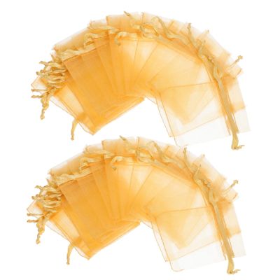 100pcs Gold Organza Drawstring Bags Small Mesh Pouches for Jewelry Storage Candy Bracelets Wedding Favors Elegant See-through Packaging
