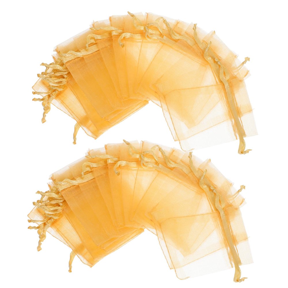 100pcs Gold Organza Drawstring Bags Small Mesh Pouches for Jewelry Storage Candy Bracelets Wedding Favors Elegant See-through Packaging