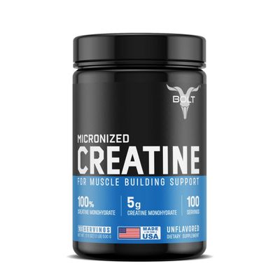 Bolt Micronized Creatine Monohydrate Powder | 5g per Serving | Unflavoured | Enhances Strength, Power & Lean Muscle |100 Servings