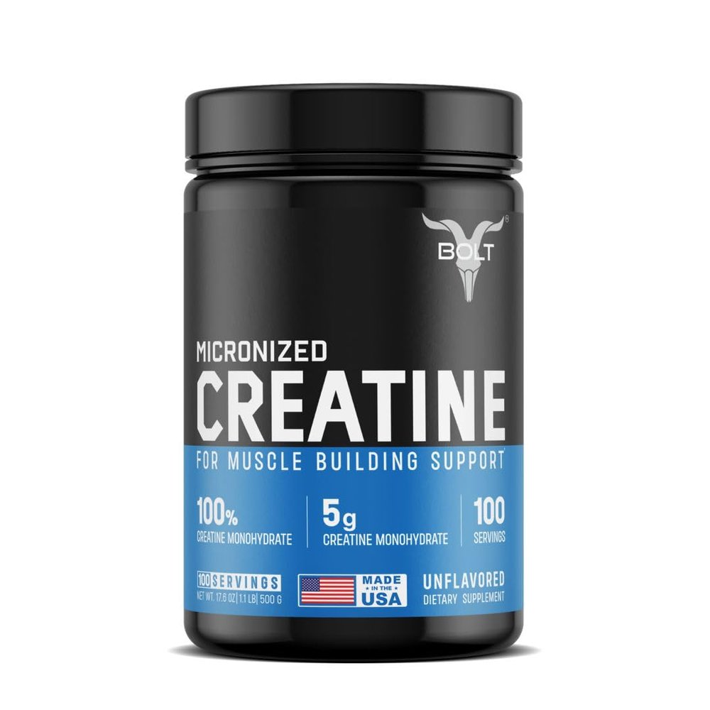 Bolt Micronized Creatine Monohydrate Powder | 5g per Serving | Unflavoured | Enhances Strength, Power & Lean Muscle |100 Servings