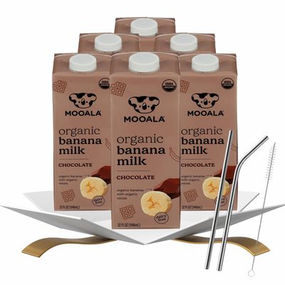 6x Organic Chocolate Banana Milk 32 fl oz Bundle with Straw Smooth Chocolate-Banana Drink for Simple Daily Enjoyment & Easy Serving Gift Set (7 Items)