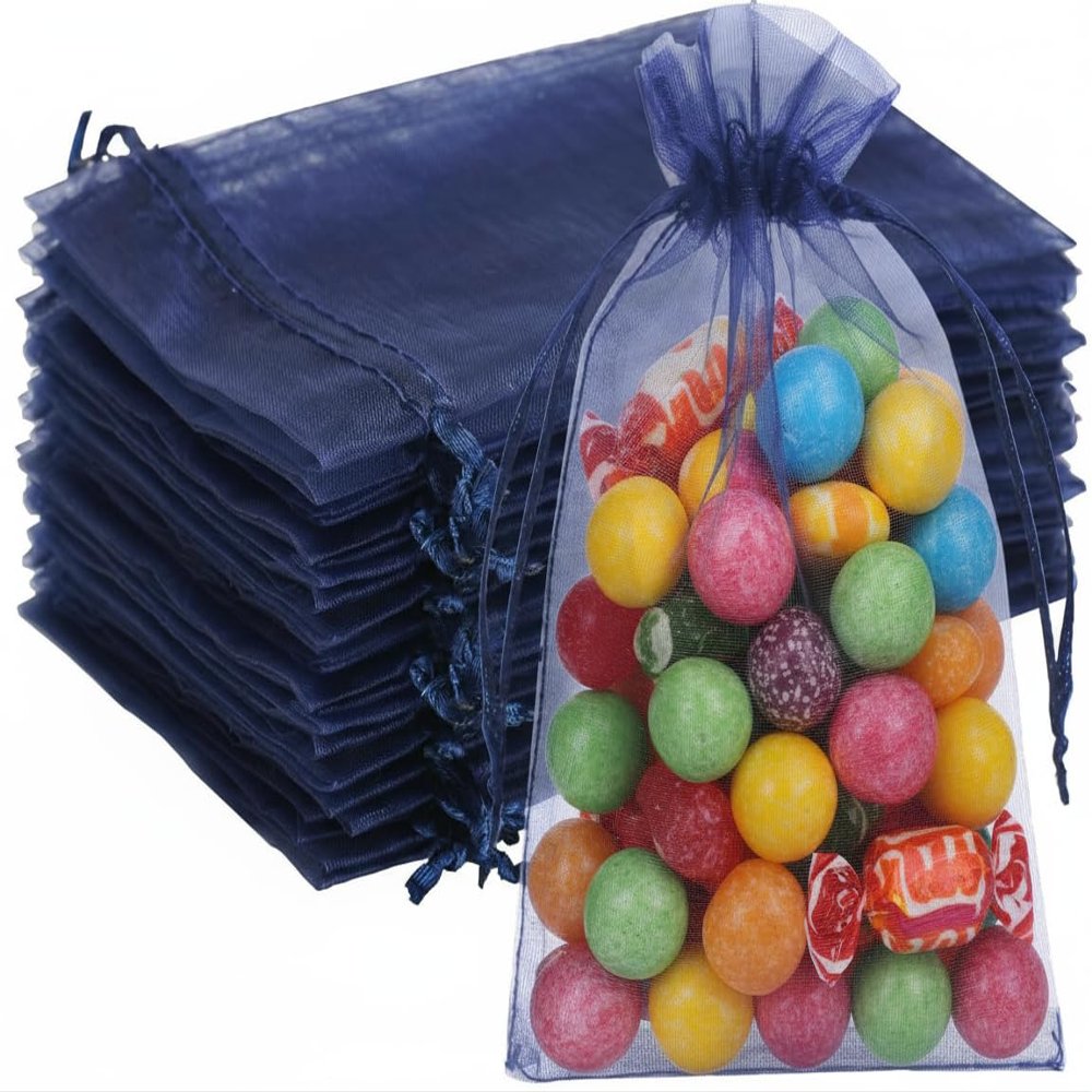 100Pcs Organza Bags Small Transparent Mesh Bags Mini with Satin Drawstring for Reusable Gift Packaging (Navy Blue, 4 * 6inch)