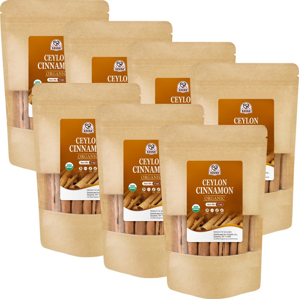 52USA Ceylon Cinnamon Sticks, Organic Cinnamon Sticks, 1 Ounce (Pack of 7), Real Cinnamon farmed in Sri Lanka, Non-GMO, Cinnamon for Coffee, Baking, Cooking and Beverages