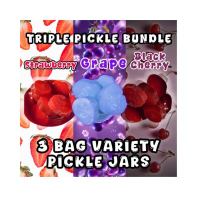 Alky Therapy Triple Pickle Bundle, Candy Flavored Dill Pickles Variety Pack - Strawberry, Black Cherry, Grape, 3 Jars, Perfect for Snacks and Gifts