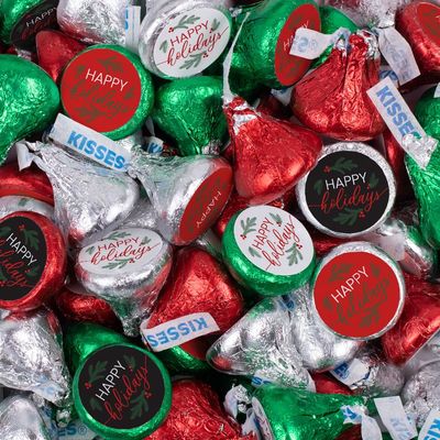 340 Pcs Assembled Evergreen Happy Holidays Stickered Milk Chocolate Kisses In Festive Holiday Foil Colors For Favors, Treat Bags, Gifts & More (3.4lb)