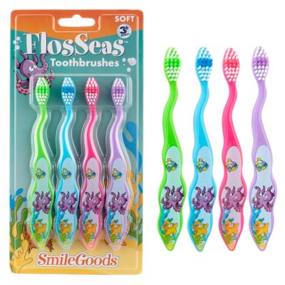 SmileGoods FlosSeas Kids Toothbrushes, Soft Bristle Childrens Toothbrush with Sea Animal Themed Designs, for Ages 3+, 4 Pack
