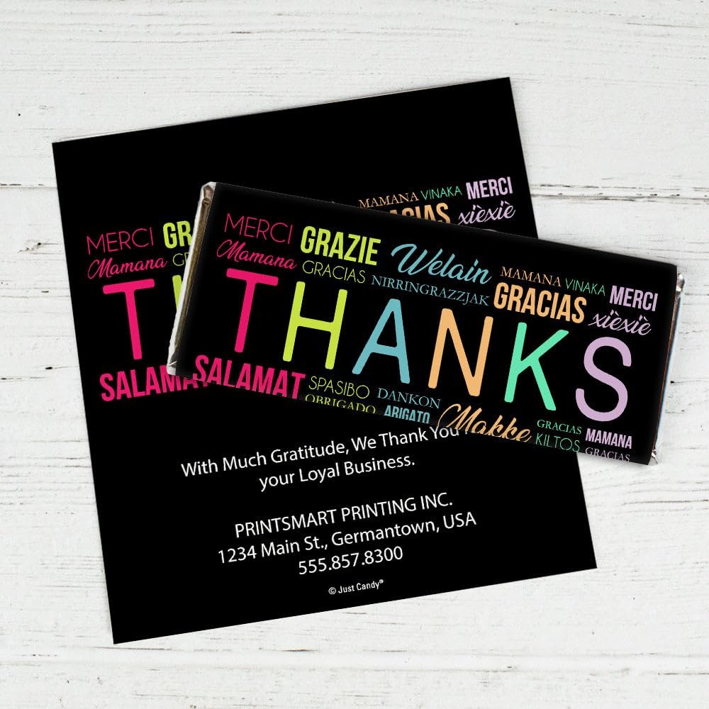 100 Pack Personalized Thank You Chocolate Bar Wrappers For DIY Party Favors, Appreciation Event Gifts, Corporate Giveaways & More - Languages (Candy Not Included)