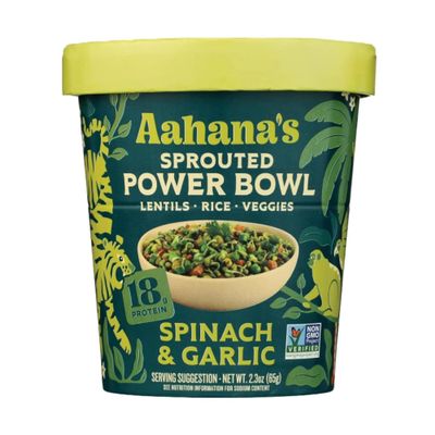 Aahana's Sprouted Power Bowls | 18g High Protein, High Fiber | Instant Lentils, Vegan, Gluten Free, Ready Meals | Indian Vegetarian Meal | No Refrigeration Required | Just Add Water (24 Count Spinach & Garlic)