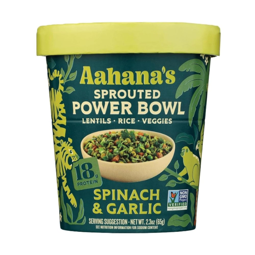 Aahana's Sprouted Power Bowls | 18g High Protein, High Fiber | Instant Lentils, Vegan, Gluten Free, Ready Meals | Indian Vegetarian Meal | No Refrigeration Required | Just Add Water (24 Count Spinach & Garlic)