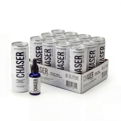Chaser Water Functional Mineral Beverage Bundle, 12 Pack Cans Plus Electrolyte Drops with Deep Sea Sourced Elements for Recovery and Daily Wellness, No Sugar or Additives