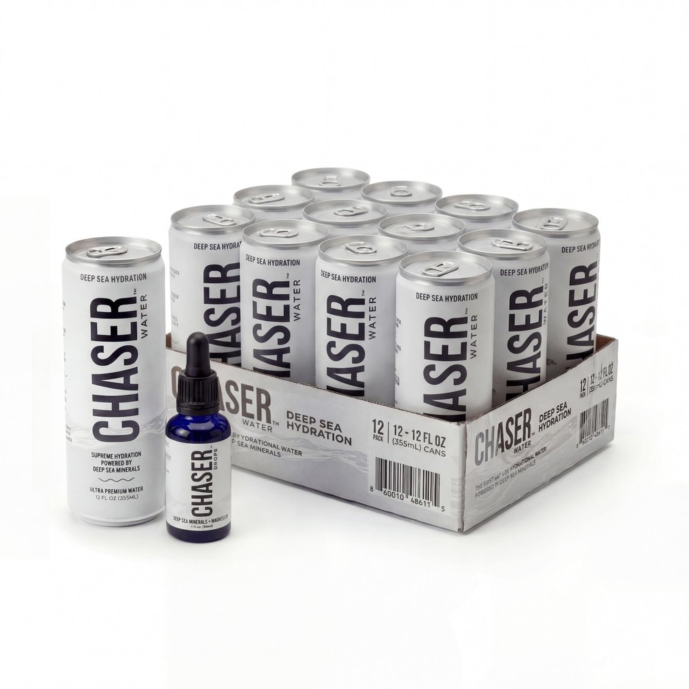 Chaser Water Functional Mineral Beverage Bundle, 12 Pack Cans Plus Electrolyte Drops with Deep Sea Sourced Elements for Recovery and Daily Wellness, No Sugar or Additives