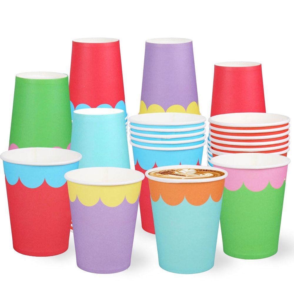 JarThenaAMCS 60 Pcs Rainbow Paper Cups 9 Oz Colored Scalloped Disposable Coffee Cups for Birthday Baby Shower Holiday Party Supplies