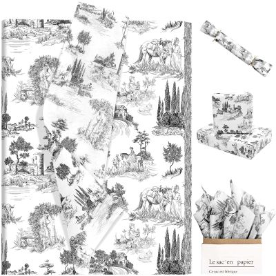 100Pcs Black and White Vintage Tissue Paper French Rustic Tissue Paper for Gift Bags Antique Toile Tissue Paper for Gift Wrapping Decorative Tissue for Birthday Party Bridal Craft Supplies (Black)