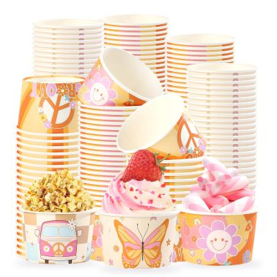 120 Pcs Groovy Ice Cream Cups 12 oz Disposable Retro Hippie Boho Paper Dessert Snack Bowls Daisy Flower Sun Food Yogurt Cup Containers for Food Soup Baby Bridal Shower One Birthday Party Supplies