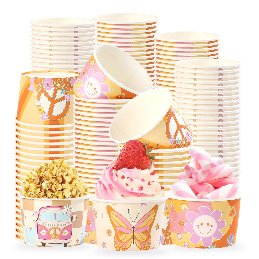 120 Pcs Groovy Ice Cream Cups 12 oz Disposable Retro Hippie Boho Paper Dessert Snack Bowls Daisy Flower Sun Food Yogurt Cup Containers for Food Soup Baby Bridal Shower One Birthday Party Supplies