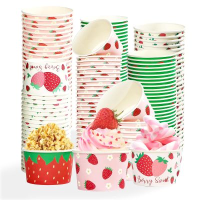 120Pcs Strawberry Paper Cups Bowls 12 oz Strawberry Disposable Ice Cream Snack Bowls Sweet Berry Spring Fruit Food Yogurt Cup Containers for Hot or Cold Food Candies Spring Birthday Party Supplies