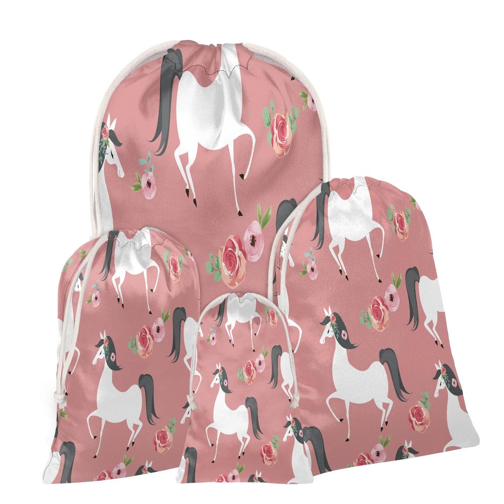 Aglebo Horses Rose Reusable Christmas Gift Bag Set with Drawstring 30" x 40" Xmas Treats Bags Funny Design for Party Birthday Xmas Presents Wrapping Bags (1 Pack)