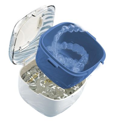 Denture Cleaning Cup - 9.5x9.5x6.9cm Secure Lid Dentures Soaker Box, Multi-Functional Denture Storage Box with Drainage Function | Leakproof Denturre Retainer Bath Holder for Effervescent Tablets Trav