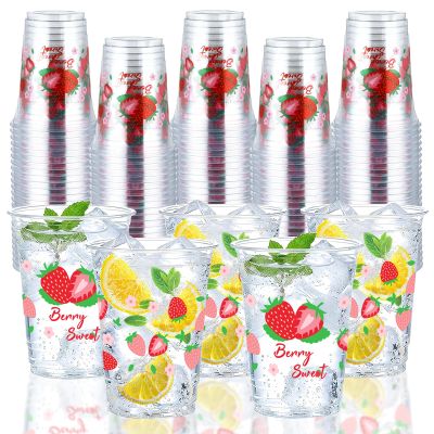 100Pcs Strawberry Plastic Cups 16 oz Strawberry Birthday Disposable Plastic Cups Berry Sweet Fruit Clear Cocktail Glasses for Spring Wedding Beach Beverage Juice Drinking Snacks Coffee Party Supplies