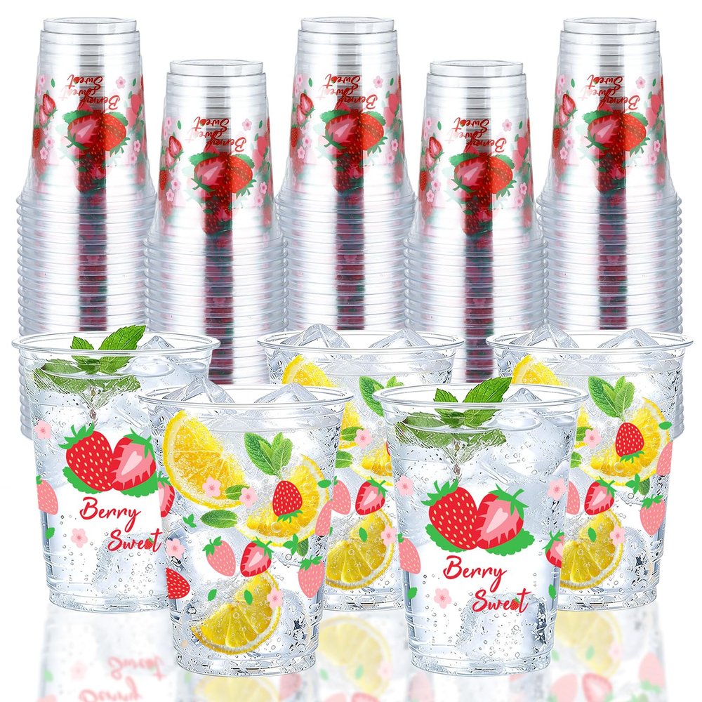 100Pcs Strawberry Plastic Cups 16 oz Strawberry Birthday Disposable Plastic Cups Berry Sweet Fruit Clear Cocktail Glasses for Spring Wedding Beach Beverage Juice Drinking Snacks Coffee Party Supplies