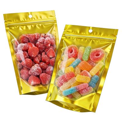 100pcs 5.5"x7.8" Mylar Bags for Food Storage,Smell Proof Bag with Window ResealableStand-up Foil Pouch Packaging Freeze Dried Candy Bag Food Storage Bags for Small Business (Gold)