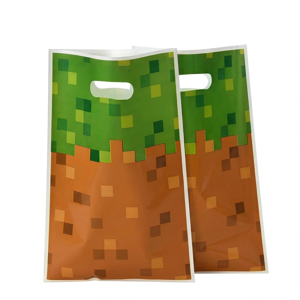 100Pcs Pixel Party Favor Bags, Video Game Themed Goodie Bags for Kids Birthday, Waterproof Safe Material Candy Snack Treat Bags with Handles