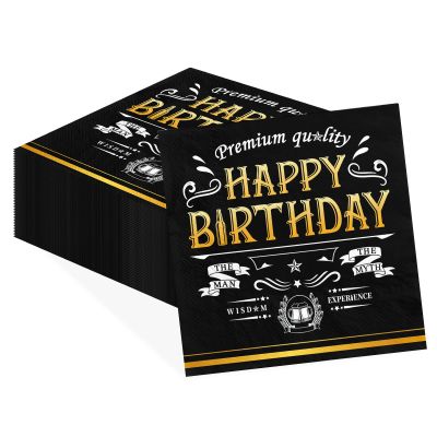 100Pcs Vintage Men Happy Birthday Paper Napkins 3 Ply The Men Disposable Absorbent Black Gold Father Day Guest Napkins for 40th 50th 60th 70th 80th 90th Birthday Lunch Dinner Kitchen Decorations