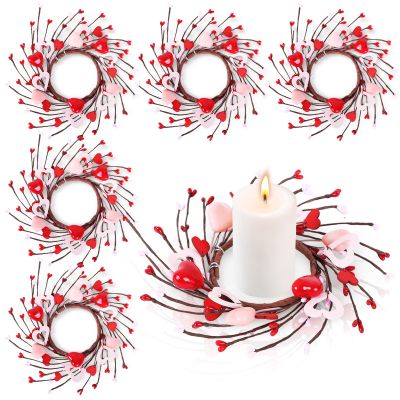 8 Pcs Valentine Candle Rings Wreaths Red Pink Wooden Heart Artificial Heart Berries Valentine's Day Candle Holder Rings Mini Wreaths Decor for Valentines Day Accessories Wedding Table Centerpieces