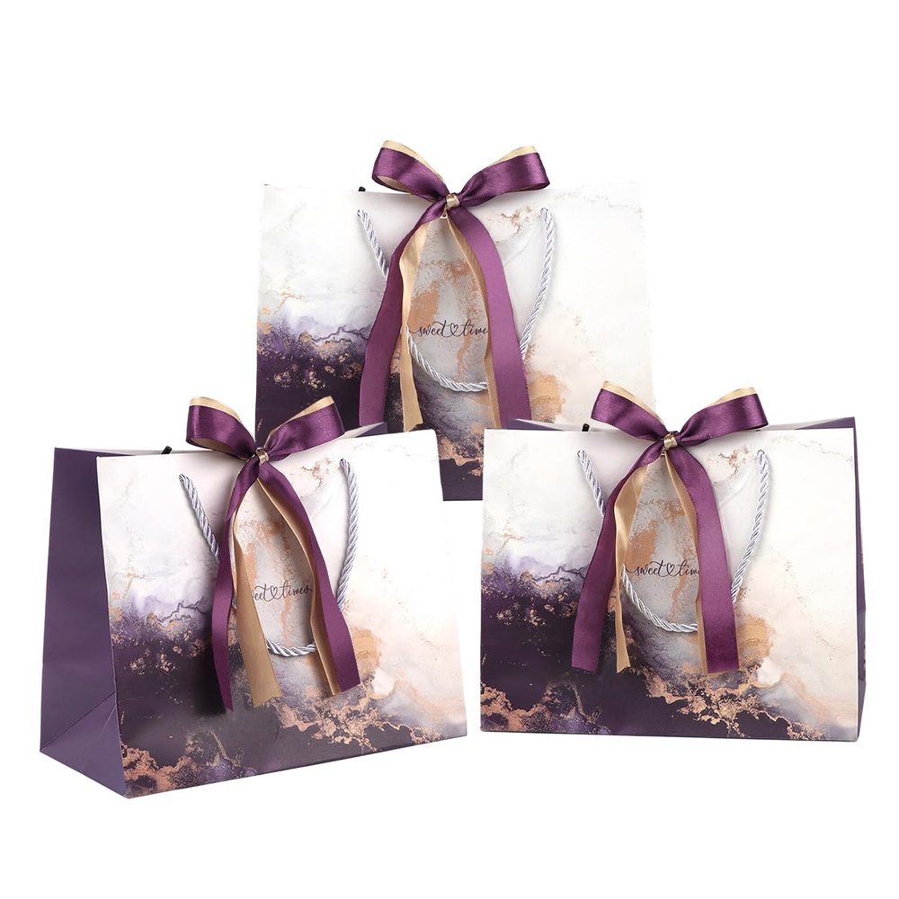 DONQE Paper Gift Bags with Handles and Bow Ribbon, 3PCS 9.847.874.72In Goodie Bags Bulk, Reusable Party Favor Bags for Birthday Wedding Valentine's Day, Mother's Day