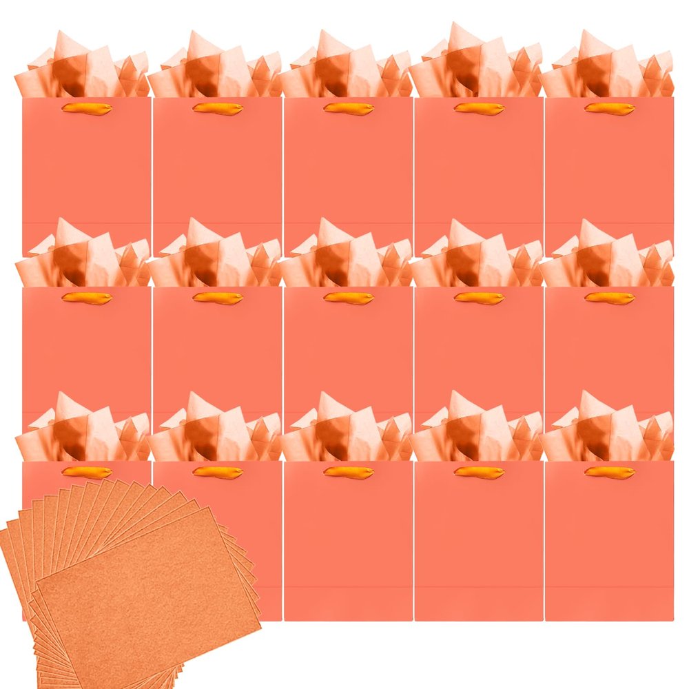 qiqee 24pcs Pink-Orange Gift Bags with Tissue Paper for Wedding, Birthday, Party Supplies-4.7"x6.3"x2.4" Small Size Cardboard Gift Bags24pcs Bags + Tissue Paper